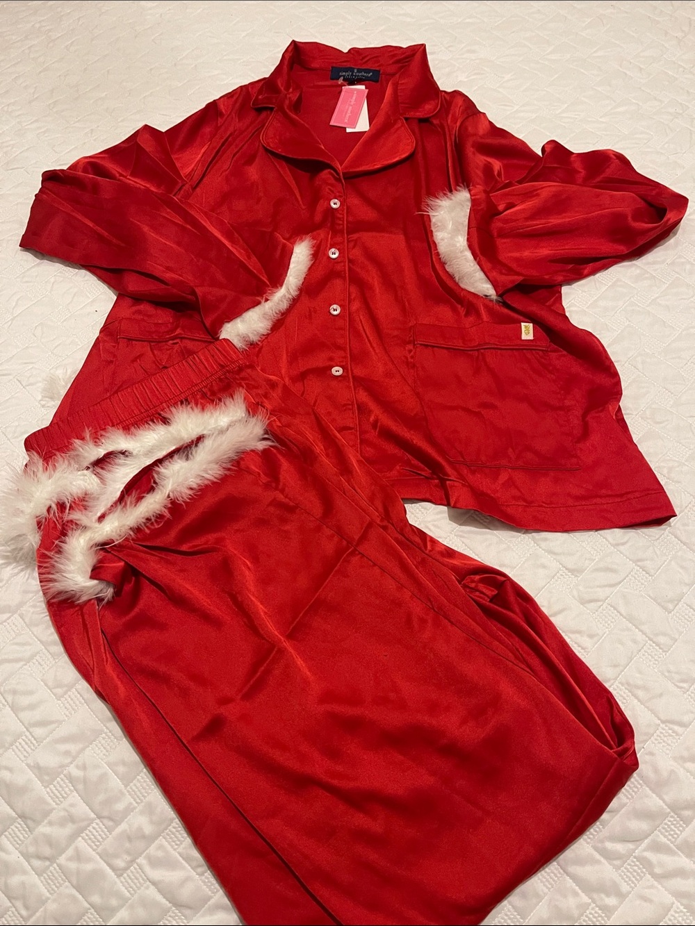 Simply Southern Red Satin Pajama Set with White Faux Fur Trim XL